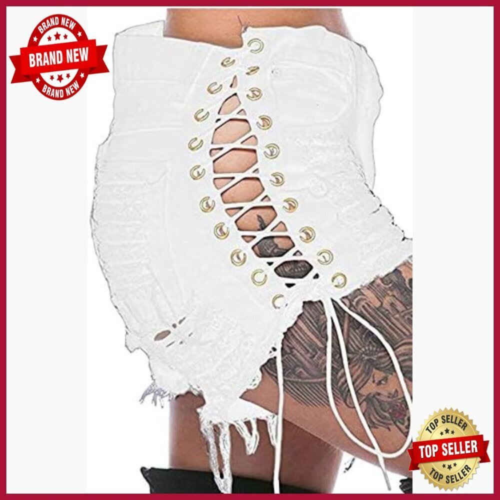High Rise Ripped Denim Shorts with Lace Up Sides Distressed Jeans